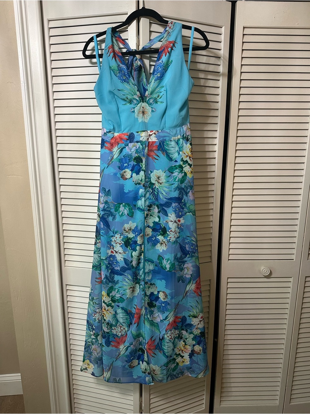 Boston Proper aqua floral rhinestone embellished halter maxi dress 
NWOT sz 6 - Picture 2 of 6